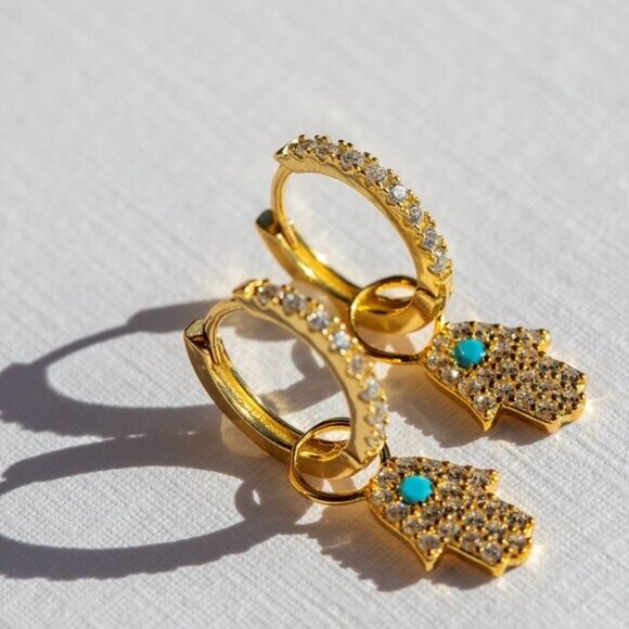 YOU PICK!  Gold Pave Huggies + you pick charm Bolt, Hamsa Hand or Evil Eye - Picture 3 of 14